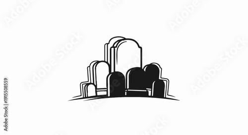 Black and white graphic of a cluster of gravestones