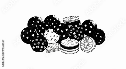 Assortment of monochrome illustrated cookies and candies in a pile