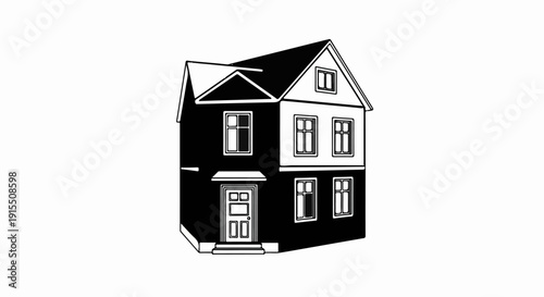 Black and white illustration of a two-story detached house with windows and a door