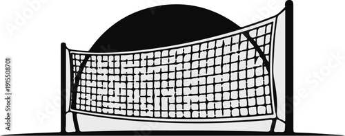 Black and white graphic of a volleyball net with a dark semicircular background