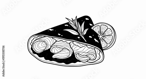 Black and white illustration of a filled crepe with herbs and lemon slice