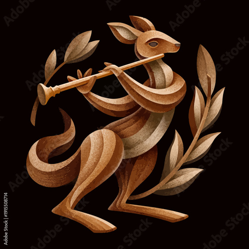 Stylized Kangaroo Playing a Flute Amidst Elegant Foliage. Artistic Animal Illustration with Warm Brown Tones on Dark Background.
