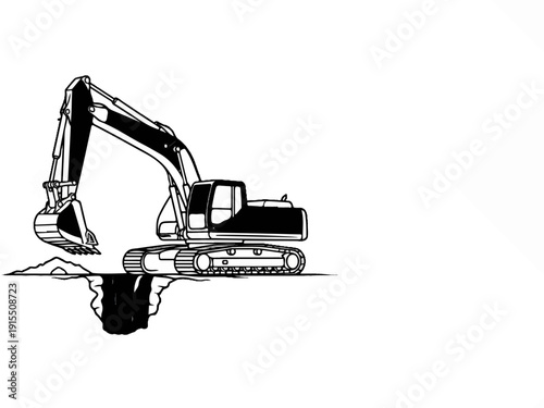 Black and white illustration of a tracked excavator digging a hole
