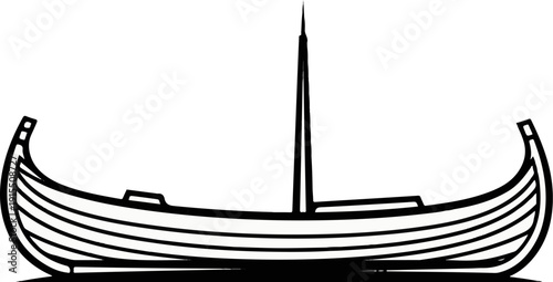 Black and white line drawing of a longship with a tall, thin mast and a single sail
