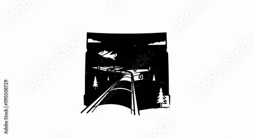 Black and white graphic of a train track winding through a mountainous forest