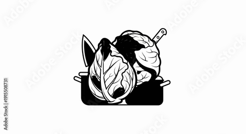 Black and white illustration of vegetables and cooking utensils on a white background