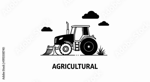 Black and white graphic of a tractor with a blade attachment in a field