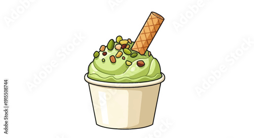 Pistachio Ice Cream in a Cup with Wafer Stick and Nut Toppings.