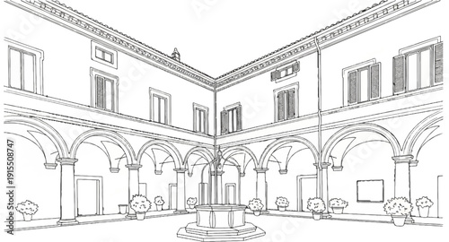 Architectural courtyard with arcade, arched windows, and a central well