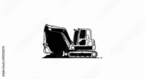 Black and white illustration of a tracked excavator digging a pile of dirt