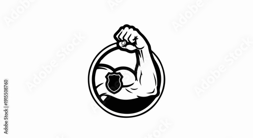 Black and white illustration of a flexing bicep in a circle