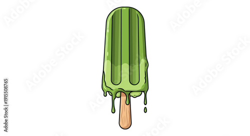 A vibrant green striped popsicle on a wooden stick melting and dripping in a cartoon style.