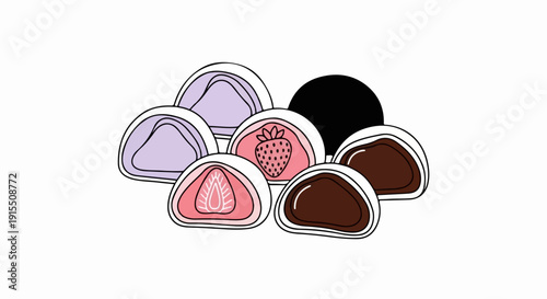 Assortment of colorful mochi with fruit and dark fillings