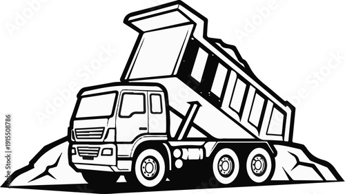 Black and white illustration of a tipper truck dumping dirt