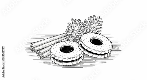 Black and white illustration of two round cookies with jam filling, cinnamon sticks, and pinecones