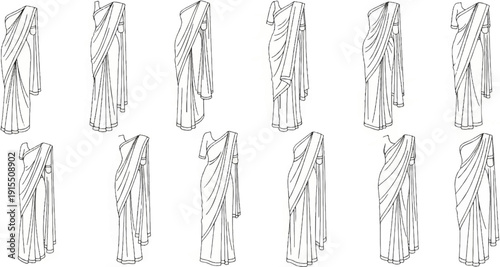 Array of draped fabric garments on mannequins, diverse poses