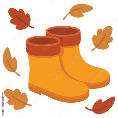 Cozy Rain Boots for Fall Season Adorned with Dry Foliage Isolated Vector Illustration on White Background
