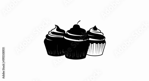 Black and white illustration of three frosted cupcakes, one topped with a cherry