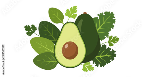 Freshly Cut Avocado with Green Leaves and Herbs.