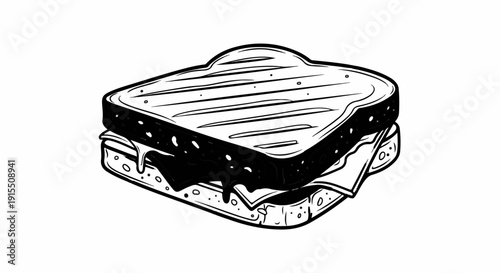 Black and white illustration of a grilled cheese sandwich with melted cheese