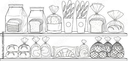 Assortment of baked goods, including loaves and rolls, displayed on shelves