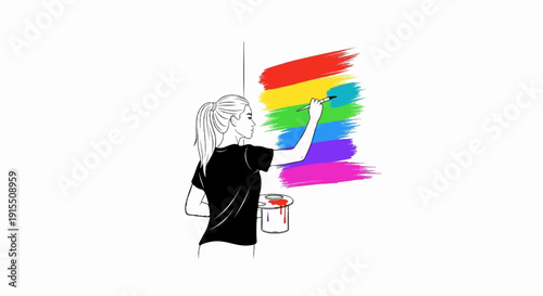 Artist creates colorful rainbow strokes on white background with paint can