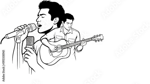 Artist sings into microphone while playing guitar