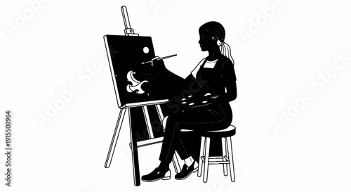 Artist in an apron painting on an easel, seated on a stool