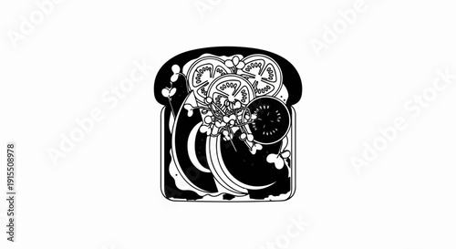 Artistic black and white depiction of an open-faced sandwich with tomato slices