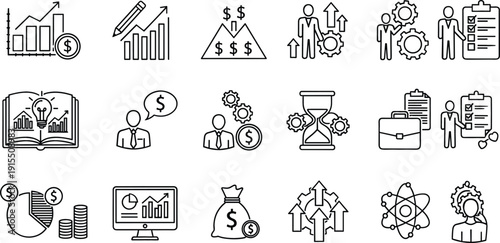 Financial growth and business strategy icon collection vector set with investment profit analytics and management symbols