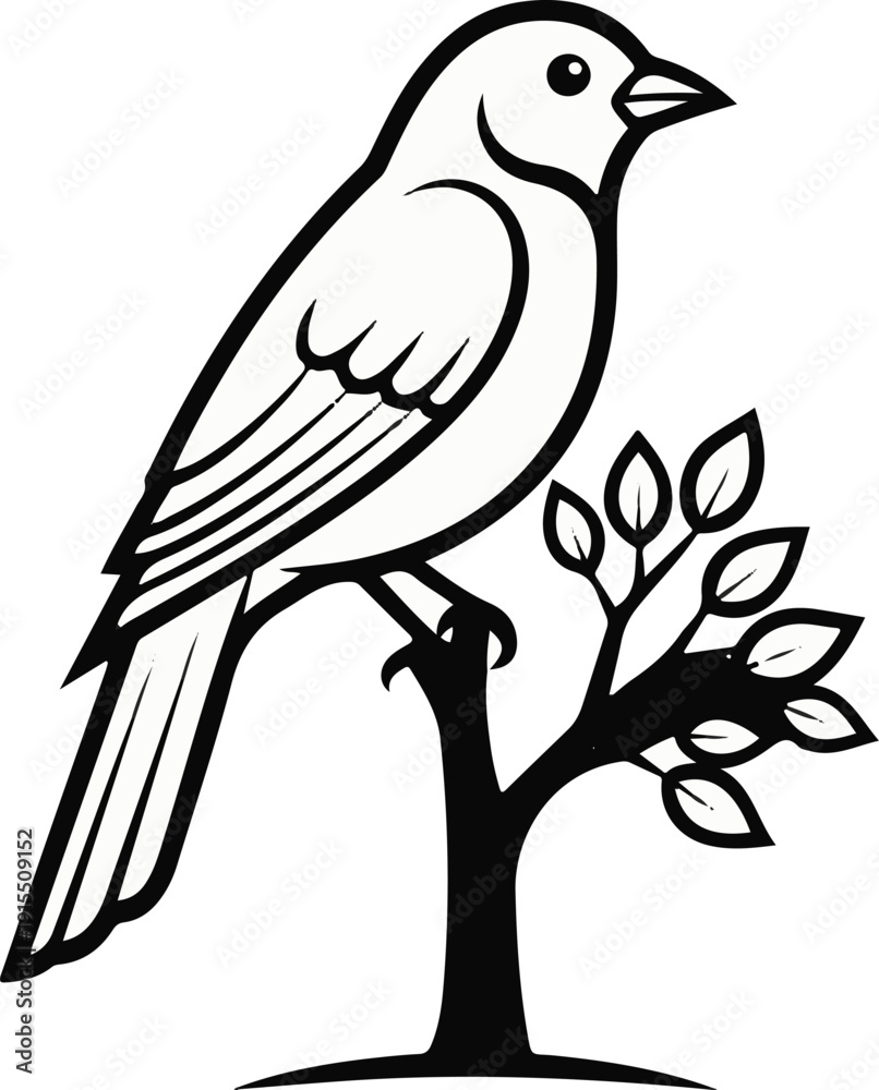 Obraz premium Black and white illustration of a bird perched on a small tree branch