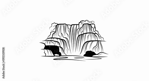 Black and white line drawing of a tiered waterfall cascading over rocks into a pool