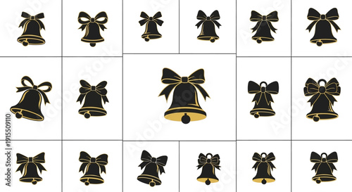 Collection of black and gold christmas bells with bows on white background for holiday decoration