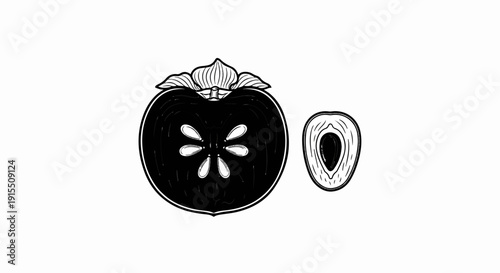 Black and white illustration of a halved persimmon fruit and its cross-section