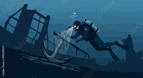 Underwater Exploration Of Shipwreck With Diver And Anchor Discovery