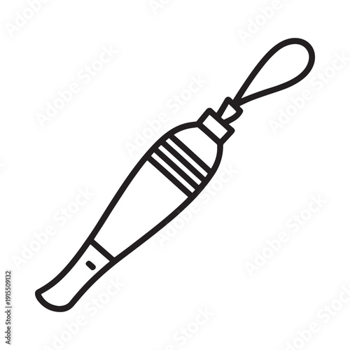 Black and white line art illustration of a vintage style whistle with a loop attachment