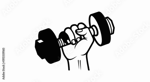 Black and white illustration of a hand gripping a dumbbell for strength training