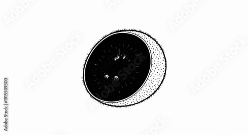 Black and white illustration of a stylized kiwi fruit slice with radiating seeds