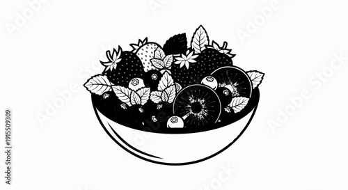 Black and white illustration of a bowl overflowing with fresh strawberries, blueberries, and kiwi slices
