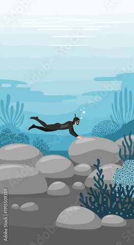 Underwater Exploration With Scuba Diver Amidst Coral Reefs And Rocks