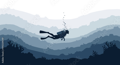 Underwater Explorer Drifting Amidst Oceanic Depths Minimalist Silhouette Art