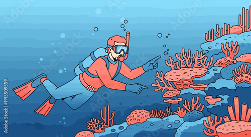 Underwater Explorer Points to Vibrant Coral Reef Ecosystem