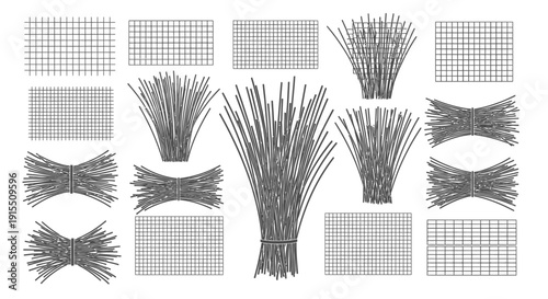 Black whisk graphic elements with grid backgrounds for design and texture