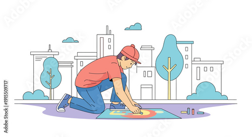 Urban Artist Creates Vibrant Chalk Drawing Amidst Cityscape