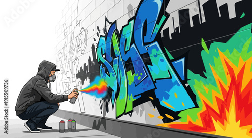 Urban Artist Creates Vibrant Graffiti Artwork On Brick Wall With Spray Paint