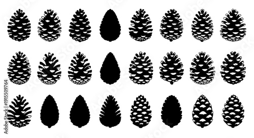 Collection of black pinecone silhouettes on white background for design and decoration