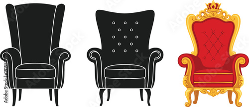 Luxury royal armchair collection vector set with classic black lounge chairs and ornate golden throne illustration