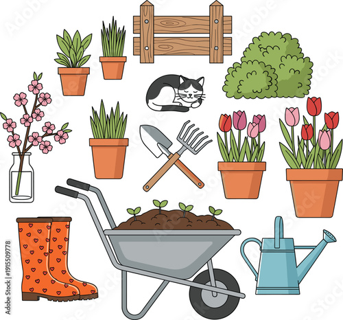 Hand drawn gardening icons set with wheelbarrow flowers potted plants watering can boots and sleeping cat on white background