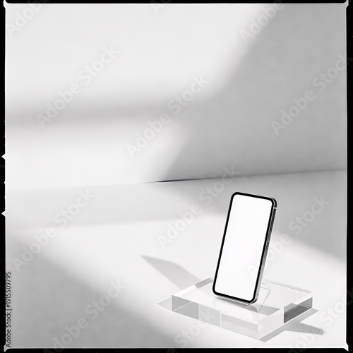 Minimalist White Background with Smartphone and Acrylic Object