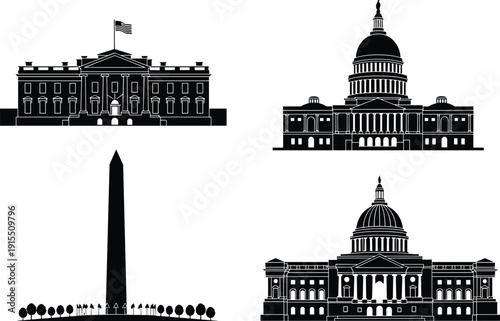 United States Landmark Silhouettes Featuring White House Capitol Building Washington Monument and Federal Government Architecture Vector Illustration Set